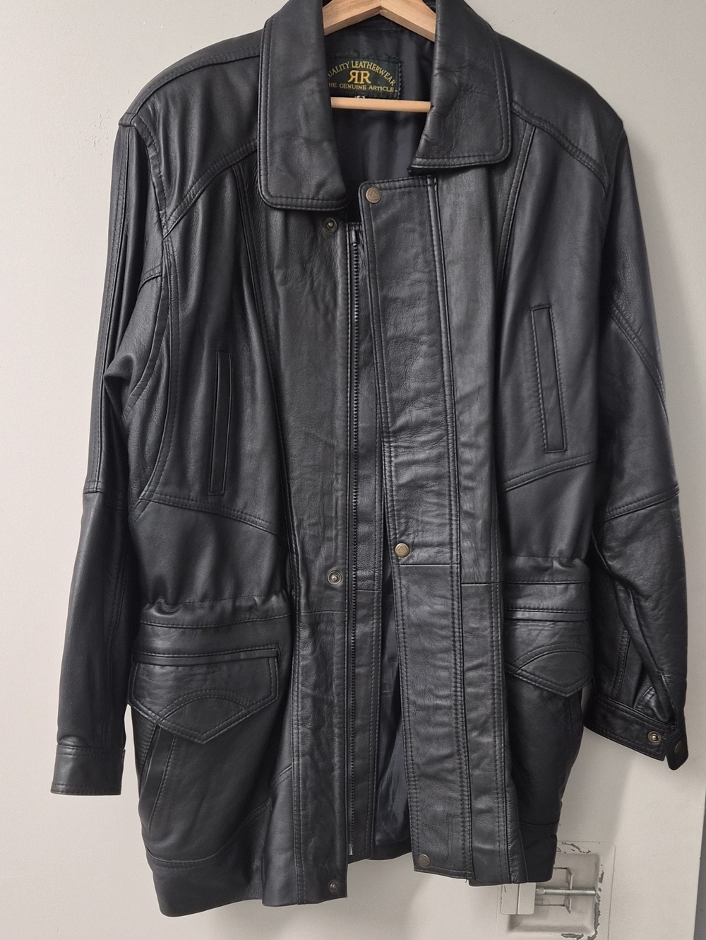 Men's Black Leather Jacket by - Classic Zip Front Coat